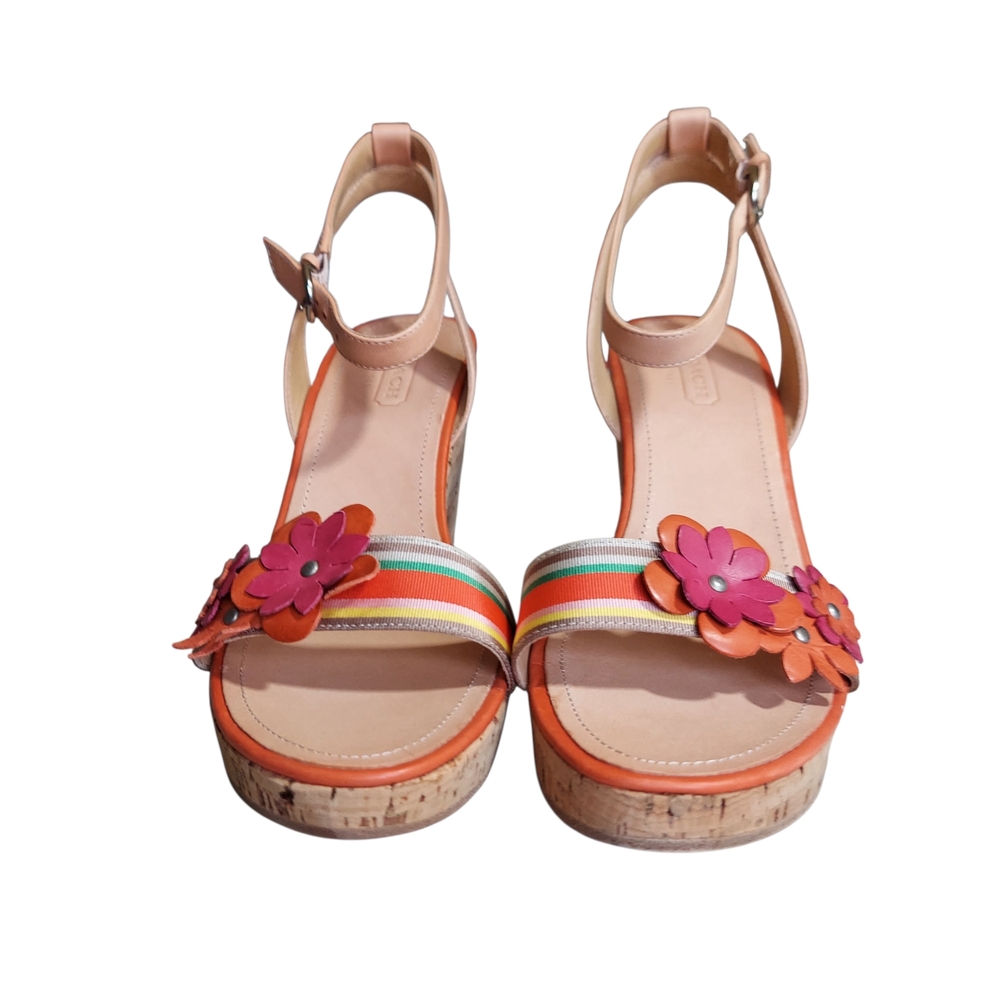 Coach Morgan Floral Cork Wedge Sandals Boho Resort Stripe Leather NEW - Picture 4 of 9